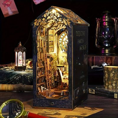 3D Wooden Detective Name Society Book Stand with Sensor Light - DIY Bookshelf Micro Kit